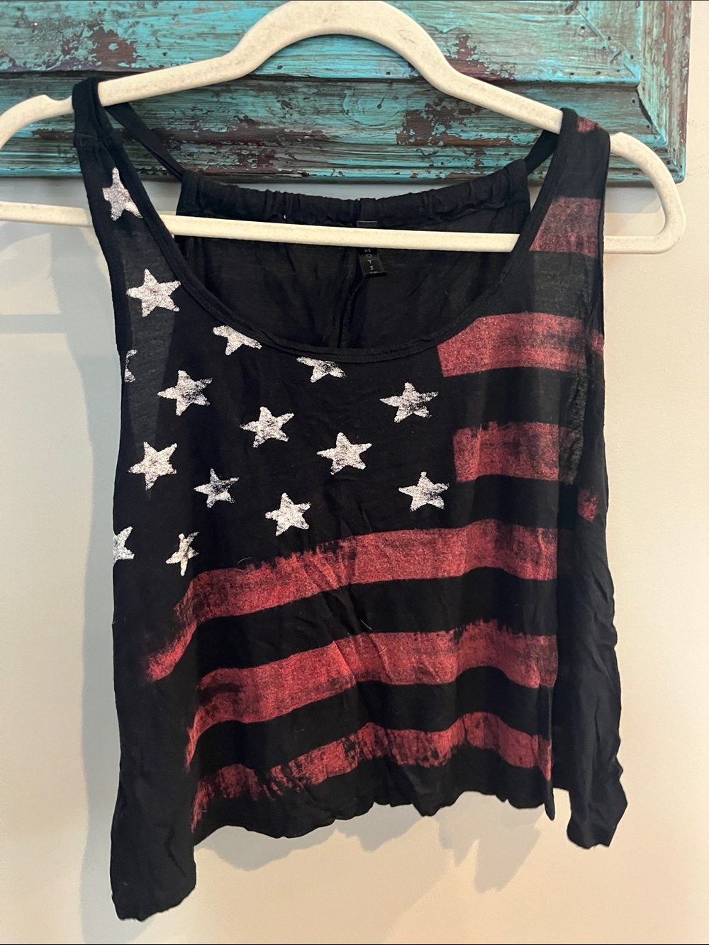 Women's Black Tank Top with Distressed Red Stripes and White Star Print